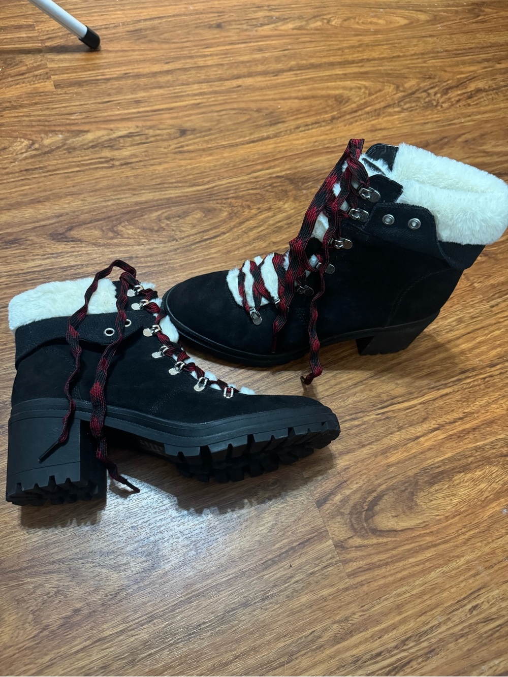 Mission Black Suede Lace-Up Ankle Boots with Faux-Shearling Collar NEW